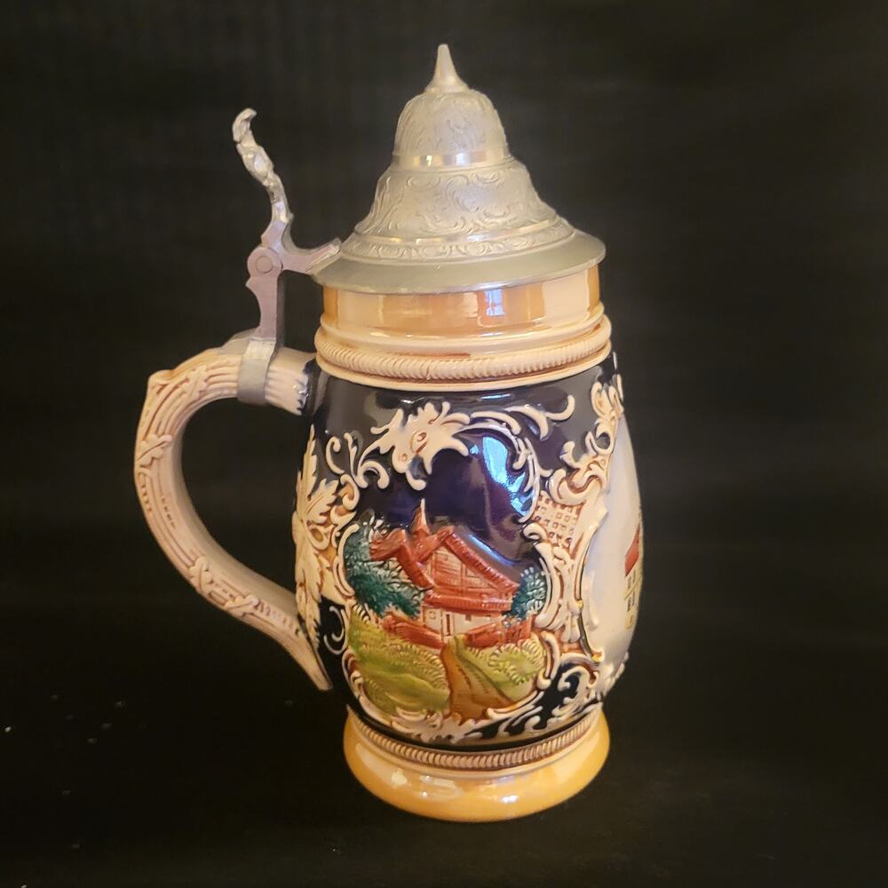 Vintage German beer stein hand-painted ceramic body pewter lid SCHROBENHAUSEN